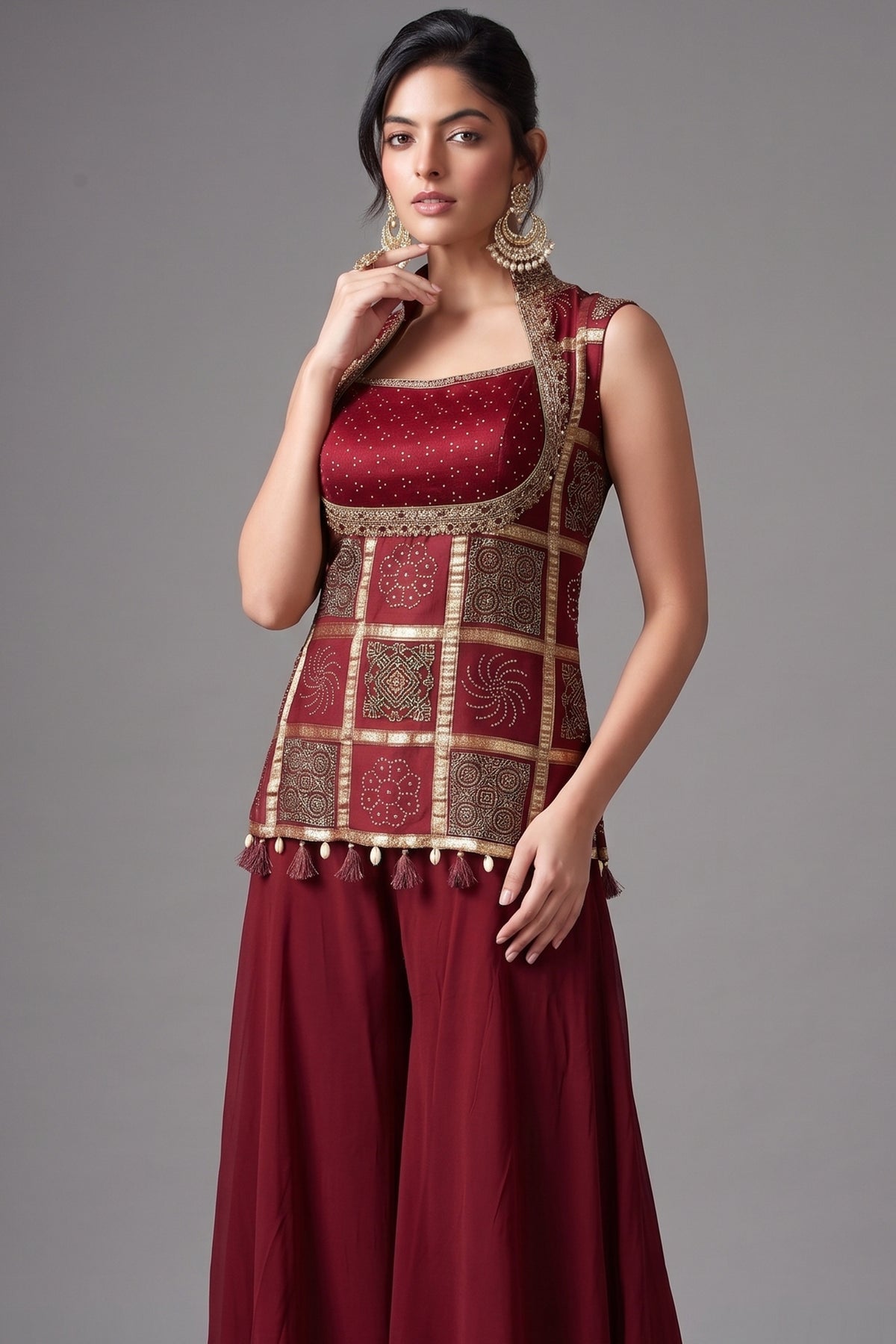 Maroon Gaji Silk Ajrakh Printed Palazzo Suit
