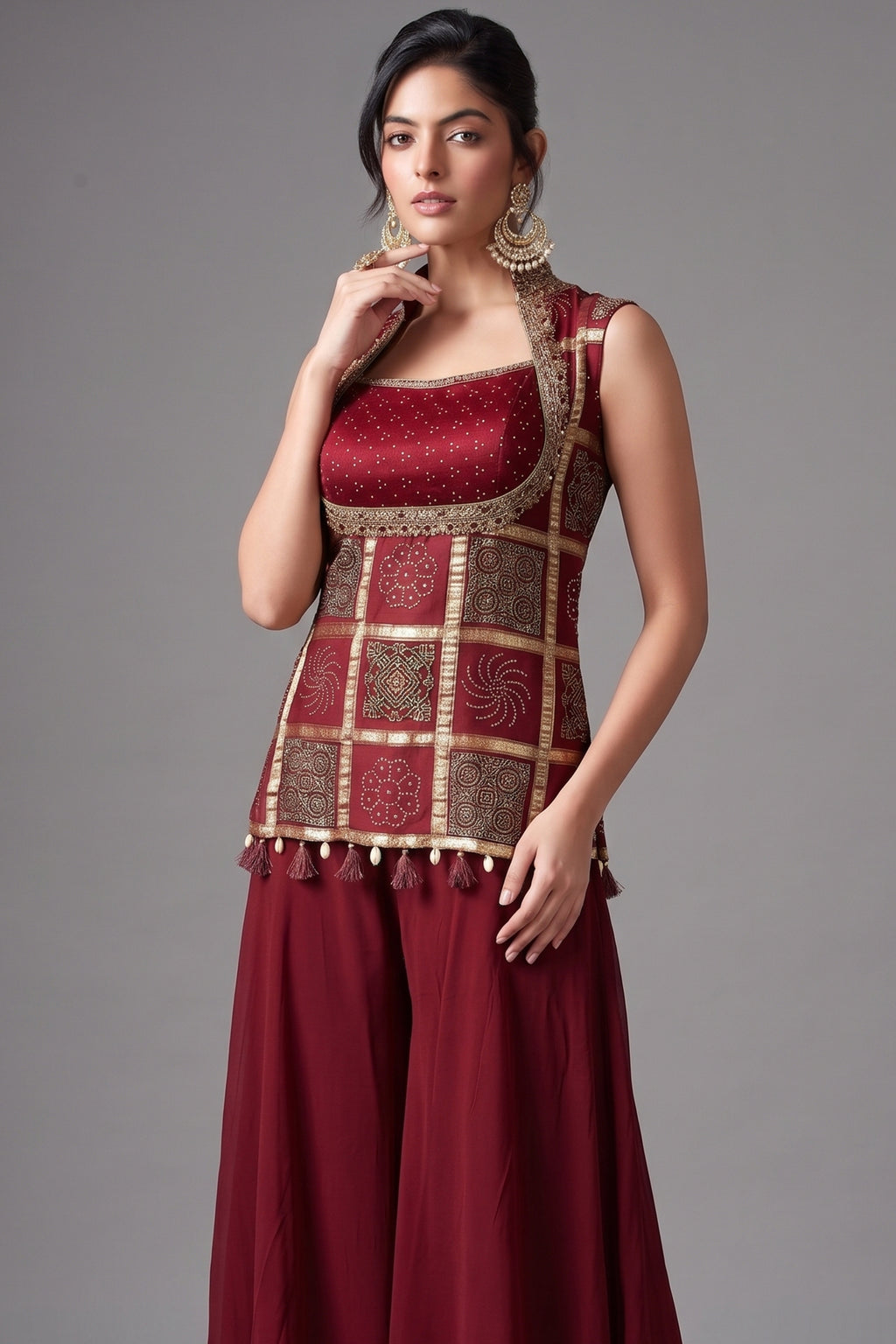 Maroon Gaji Silk Ajrakh Printed Palazzo Suit