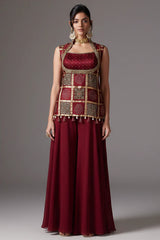 Maroon Gaji Silk Ajrakh Printed Palazzo Suit