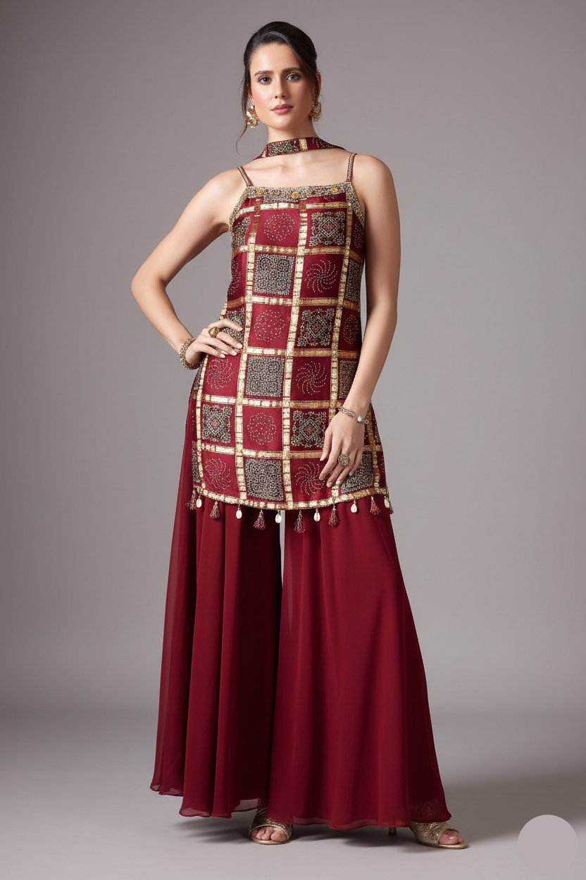 Maroon Gaji Silk Ajrakh Printed Straight Cut Palazzo Suit with Tassles