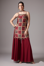 Maroon Gaji Silk Ajrakh Printed Straight Cut Palazzo Suit with Tassles