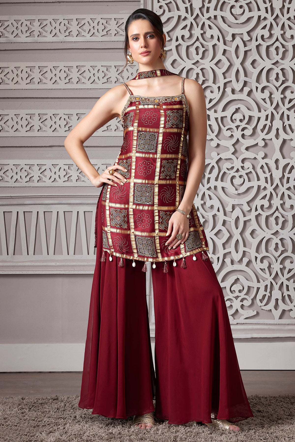 Maroon Gaji Silk Ajrakh Printed Straight Cut Palazzo Suit with Tassles