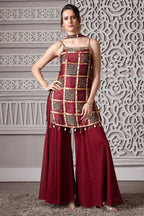 Maroon Gaji Silk Ajrakh Printed Straight Cut Palazzo Suit with Tassles