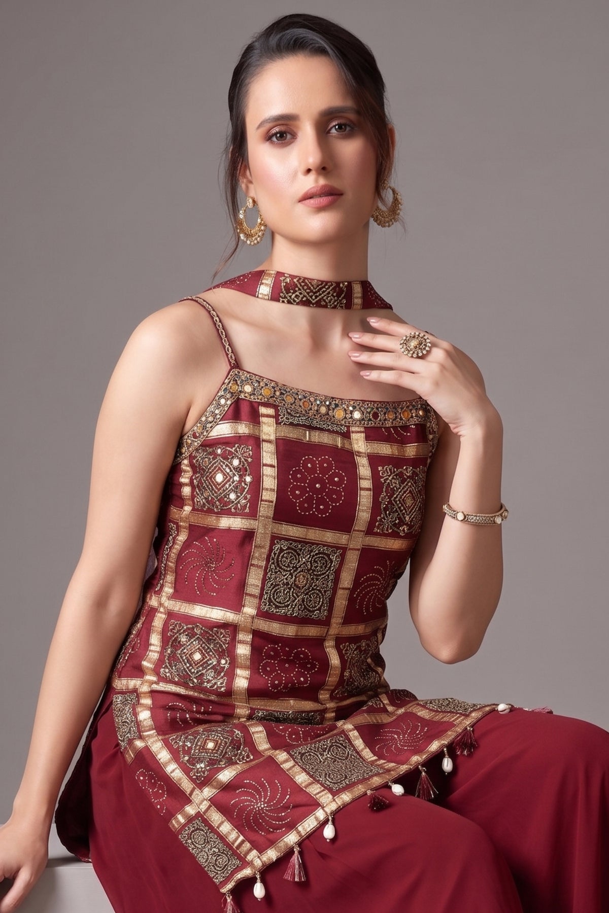 Maroon Gaji Silk Ajrakh Printed Straight Cut Palazzo Suit with Tassles