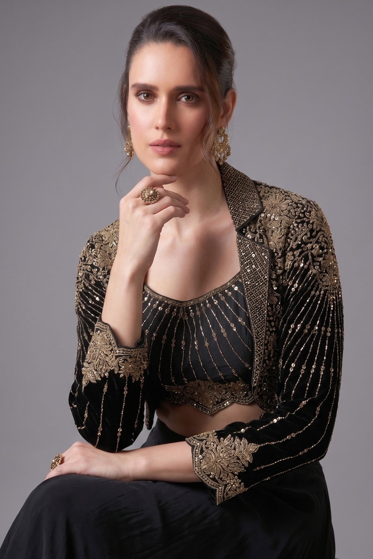 Black Crepe Satin Silk Palazzo Set with Mirror Adorned Jacket