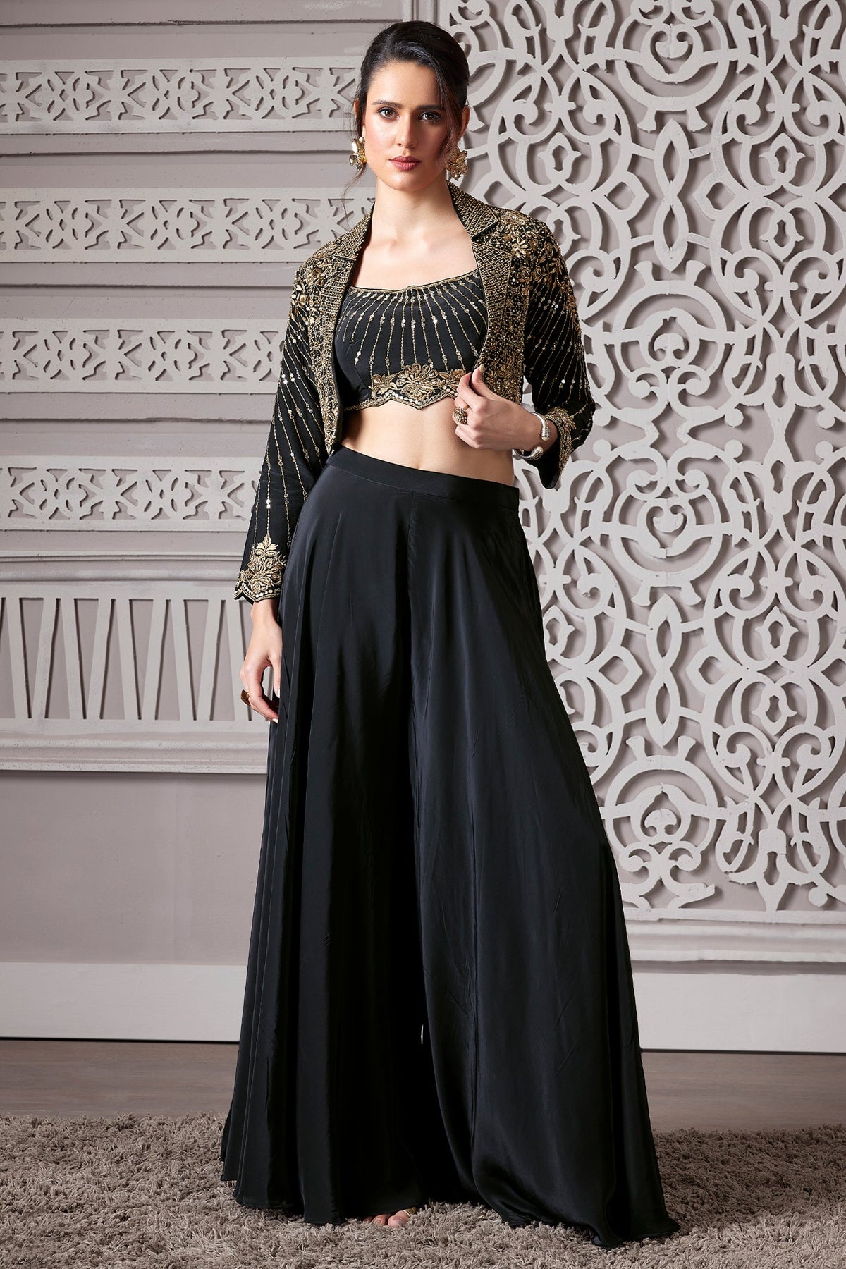 Black Crepe Satin Silk Palazzo Set with Mirror Adorned Jacket