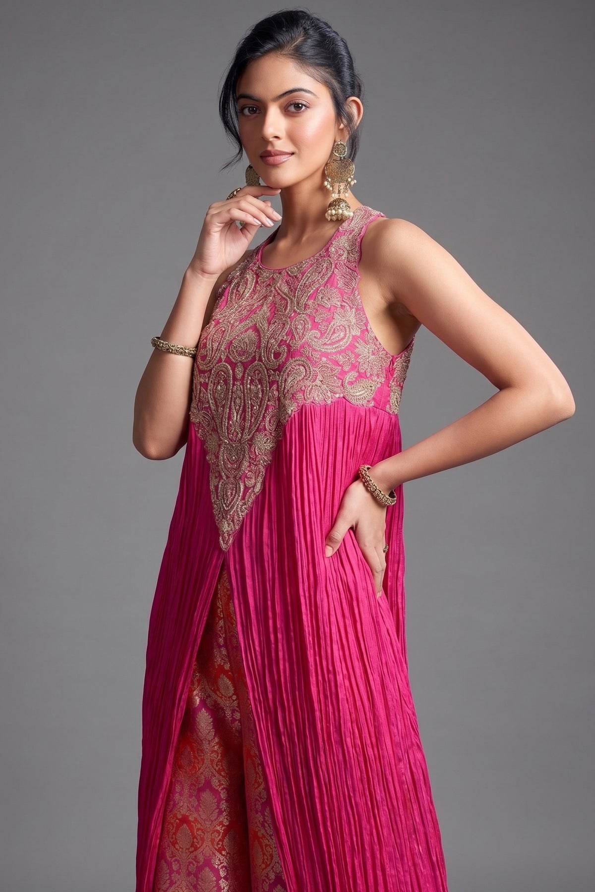 Fuchsia Pink Chiffon Chinon Slit Cut Top and Palazzo Set with Embroidery