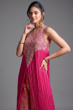 Fuchsia Pink Chiffon Chinon Slit Cut Top and Palazzo Set with Embroidery
