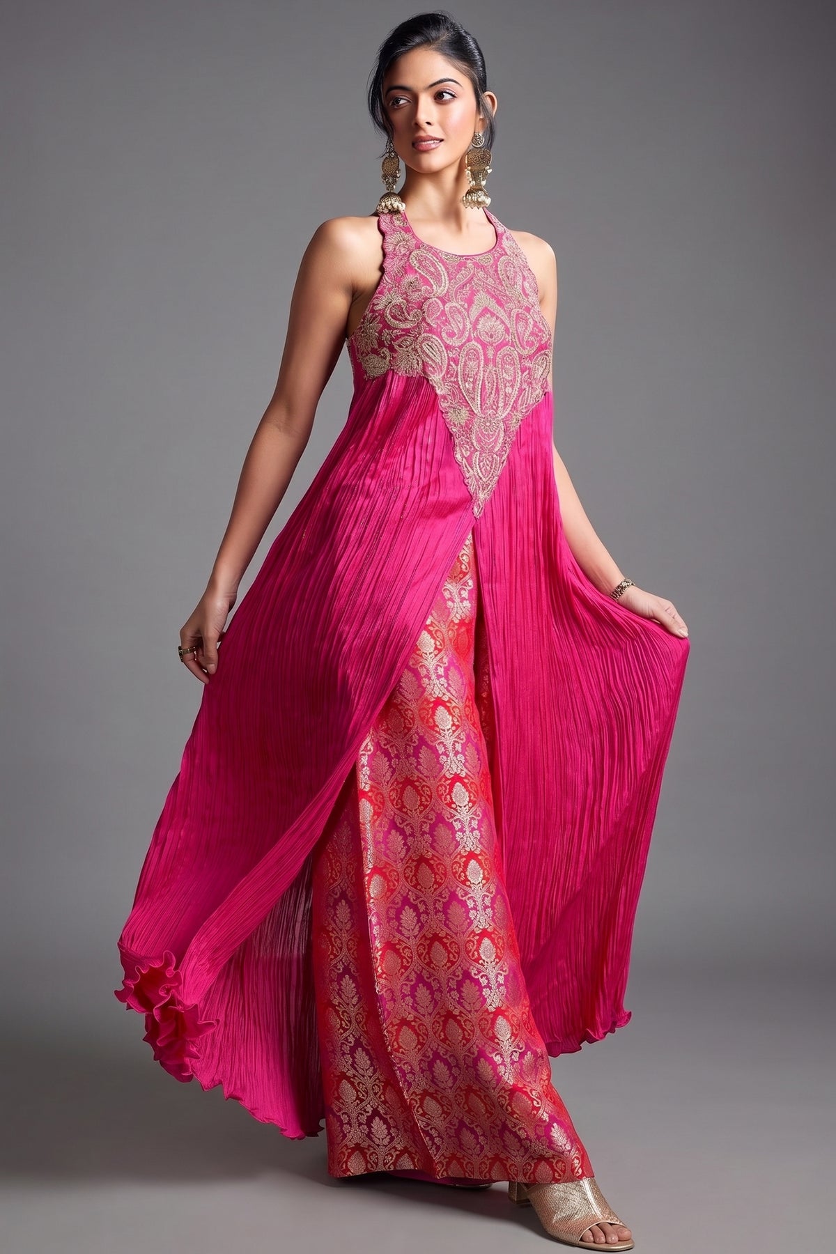 Fuchsia Pink Chiffon Chinon Slit Cut Top and Palazzo Set with Embroidery