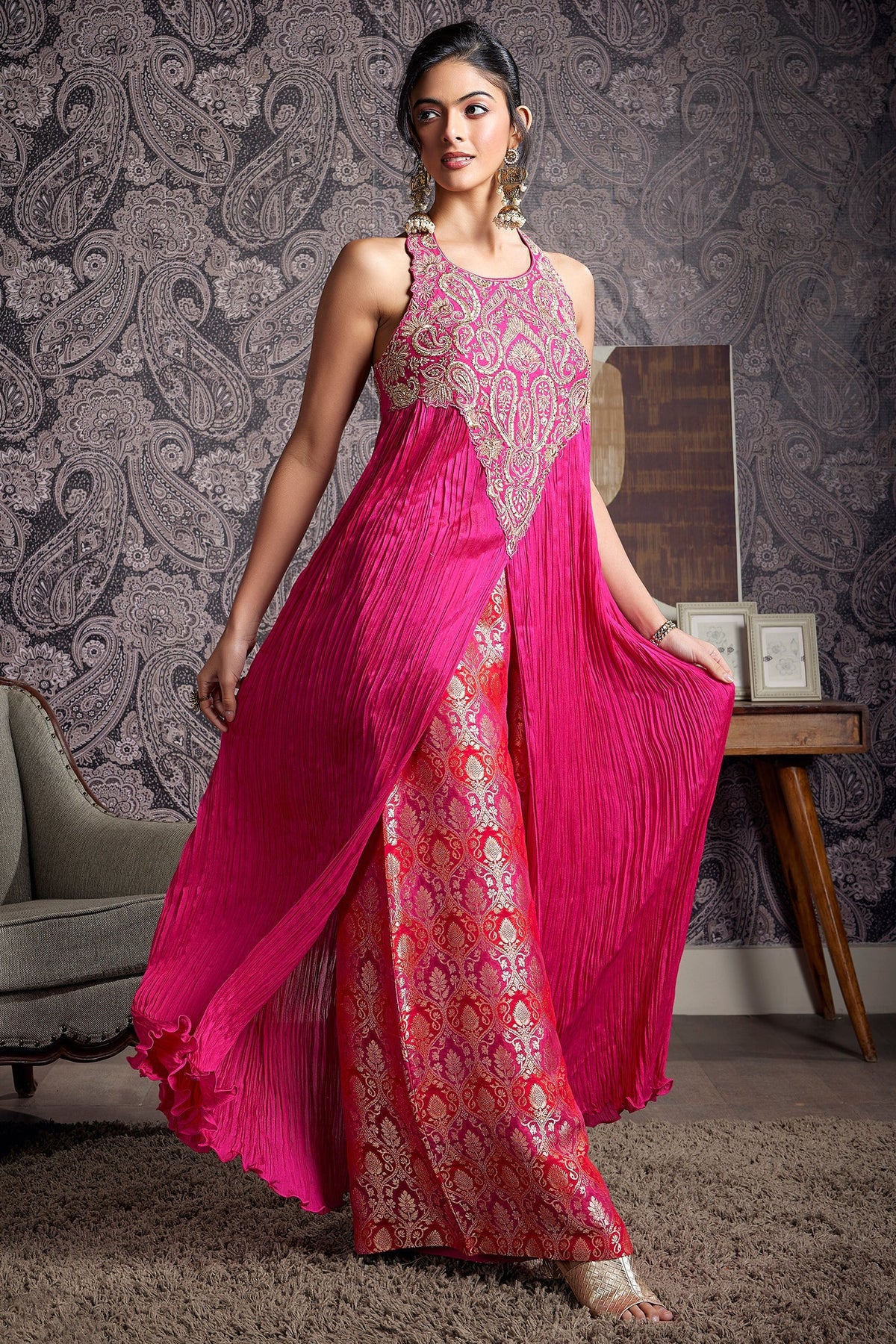 Fuchsia Pink Chiffon Chinon Slit Cut Top and Palazzo Set with Embroidery
