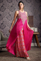 Fuchsia Pink Chiffon Chinon Slit Cut Top and Palazzo Set with Embroidery