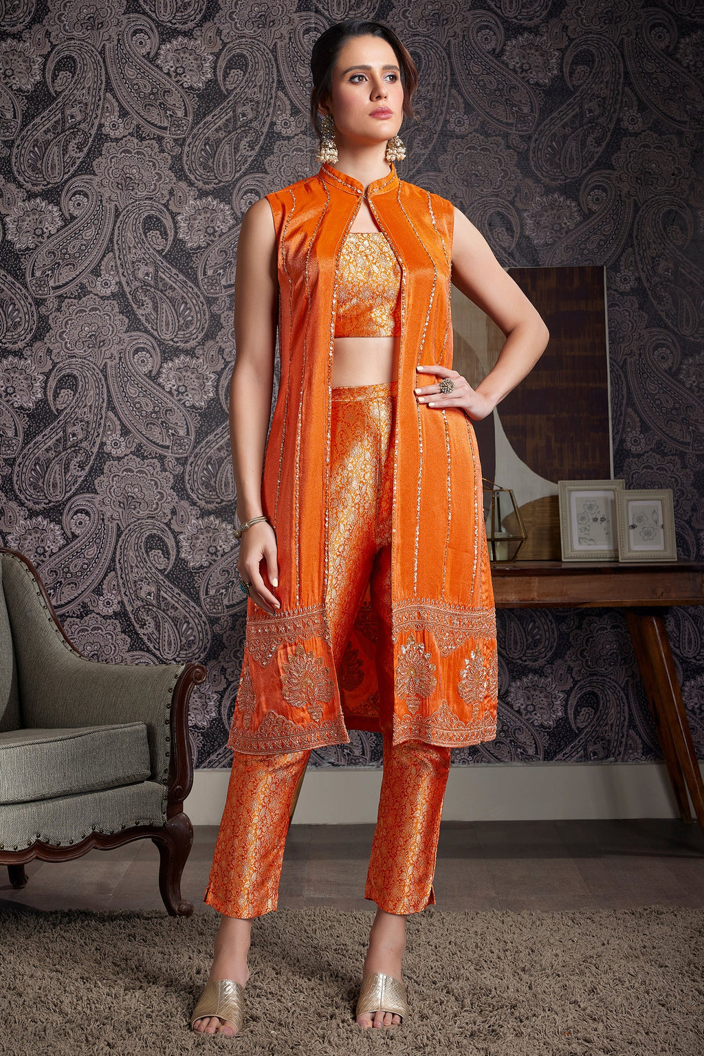 Orange Brocade Woven Crop Top Pant Set with Sequin Cutdana Work Jacket