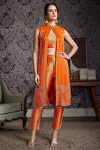 Orange Brocade Woven Crop Top Pant Set with Sequin Cutdana Work Jacket