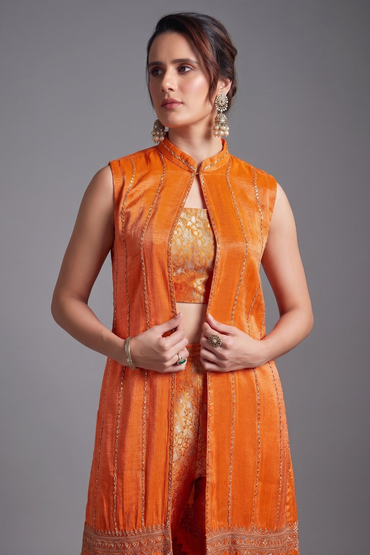 Orange Brocade Woven Crop Top Pant Set with Sequin Cutdana Work Jacket
