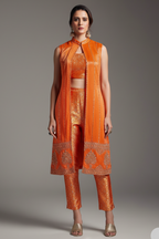 Orange Brocade Woven Crop Top Pant Set with Sequin Cutdana Work Jacket