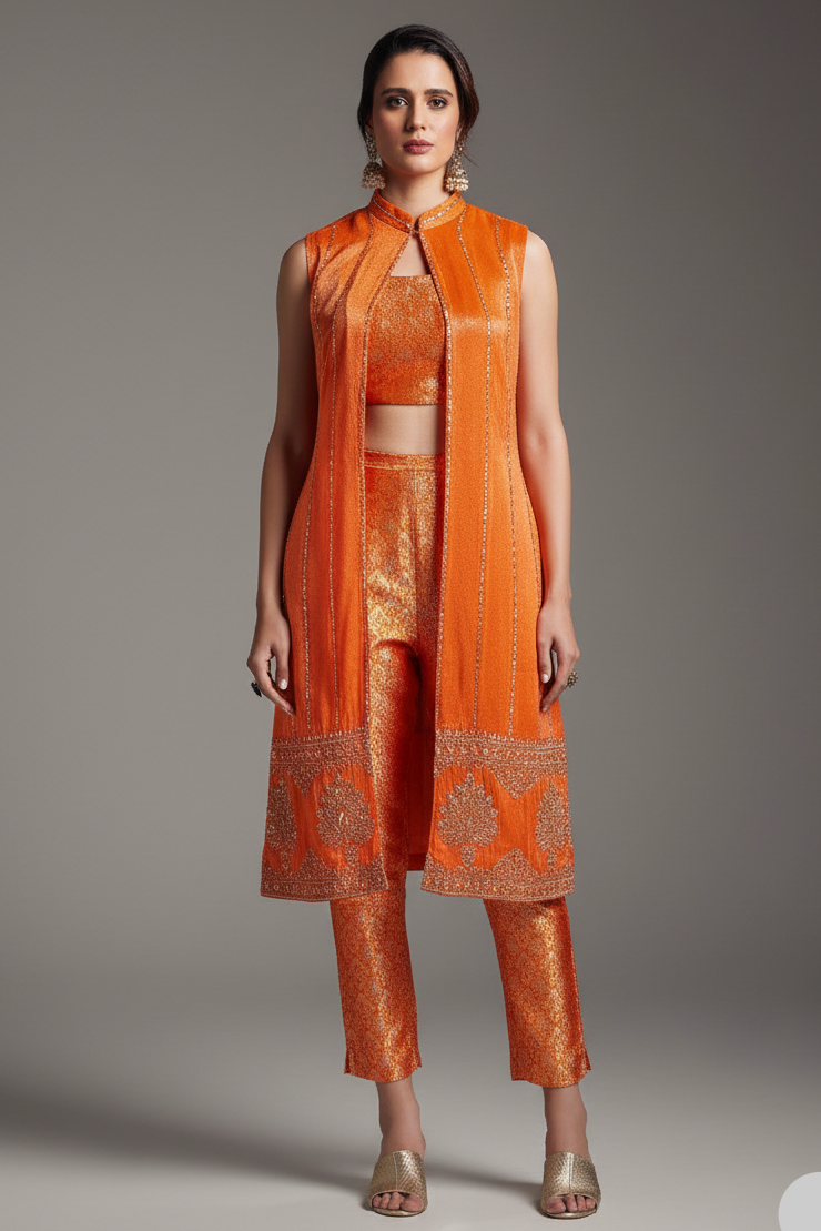 Orange Brocade Woven Crop Top Pant Set with Sequin Cutdana Work Jacket