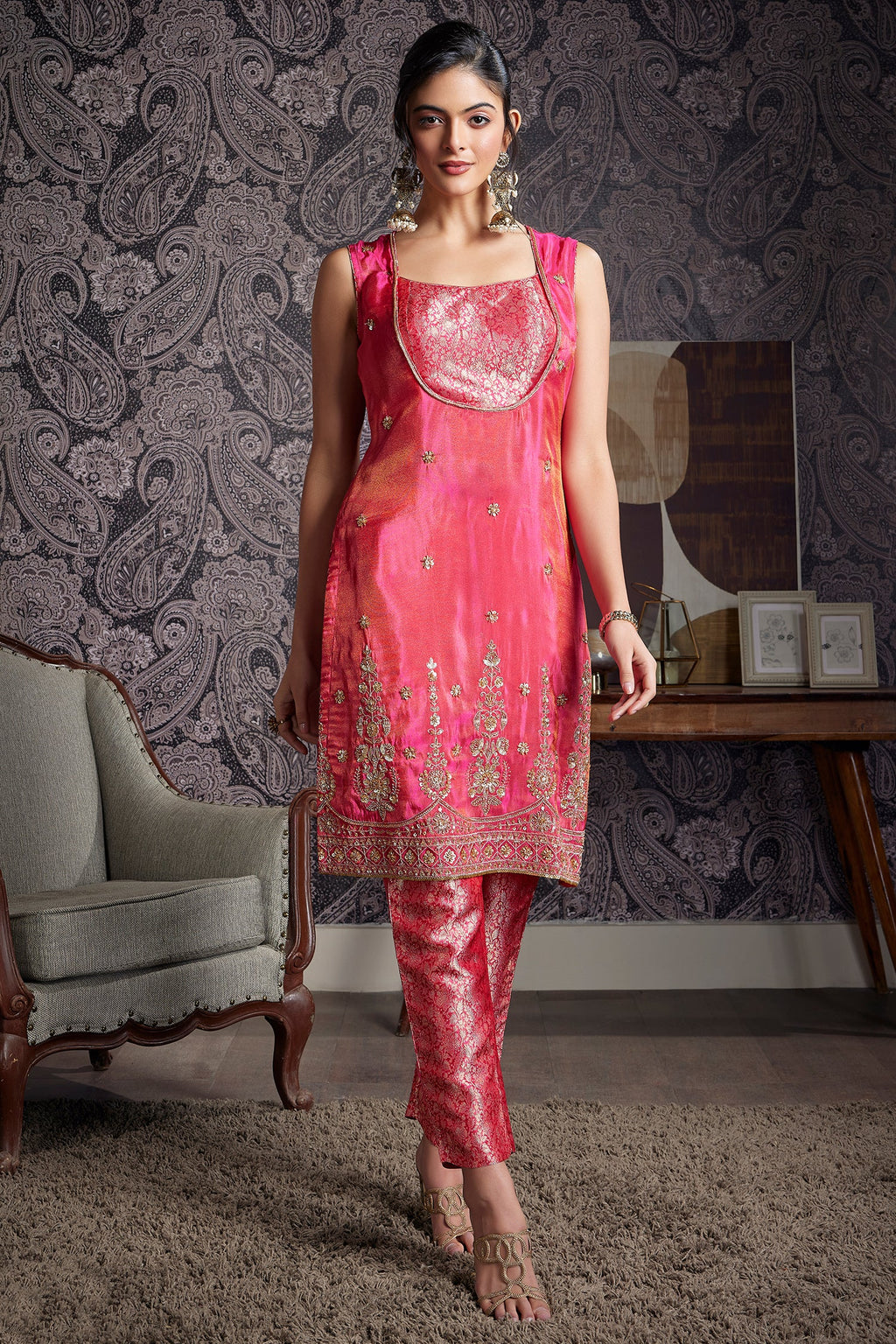 Blossom Pink Tissue Silk Sequins and Cutdana Worked Straight Cut Suit