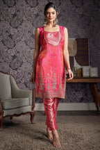 Blossom Pink Tissue Silk Sequins and Cutdana Worked Straight Cut Suit