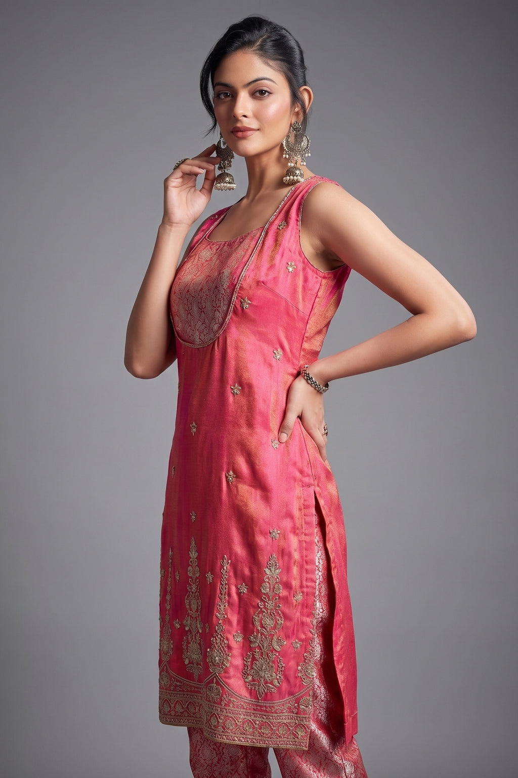 Blossom Pink Tissue Silk Sequins and Cutdana Worked Straight Cut Suit