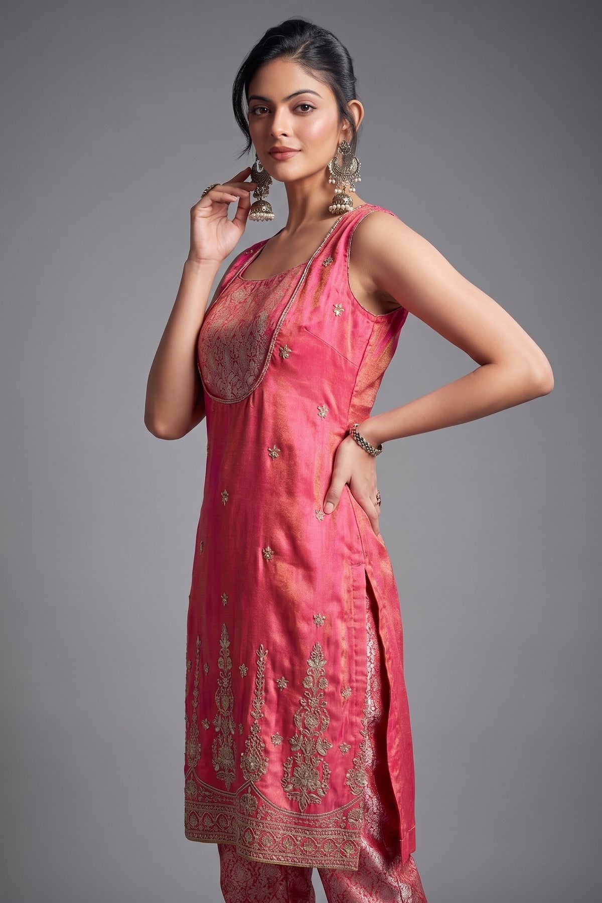 Blossom Pink Tissue Silk Sequins and Cutdana Worked Straight Cut Suit