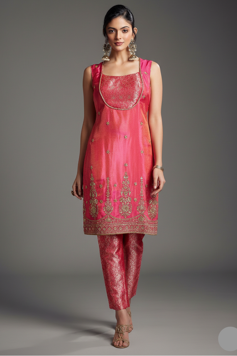Blossom Pink Tissue Silk Sequins and Cutdana Worked Straight Cut Suit