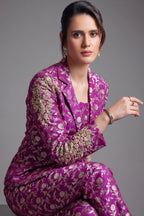 Amethyst Purple Brocade Silk Floral Woven Jaal Blazer Set with Sequins and Cutdana