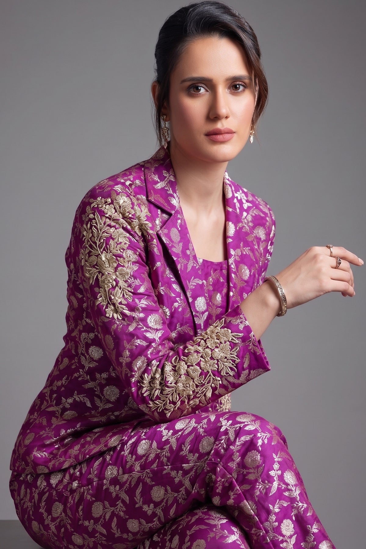 Amethyst Purple Brocade Silk Floral Woven Jaal Blazer Set with Sequins and Cutdana