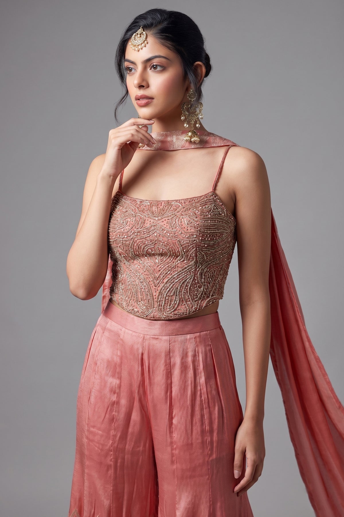 Peach Satin Georgette Silk Sequin Cutdana Crop Top Palazzo Set