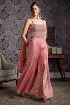 Peach Satin Georgette Silk Sequin Cutdana Crop Top Palazzo Set