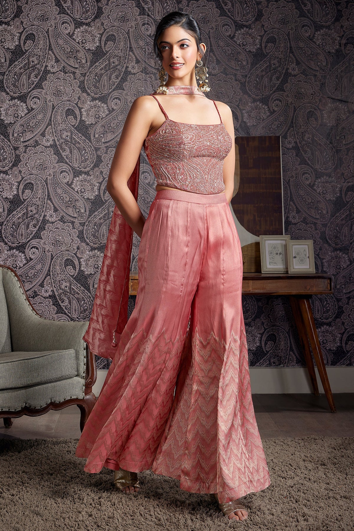Peach Satin Georgette Silk Sequin Cutdana Crop Top Palazzo Set