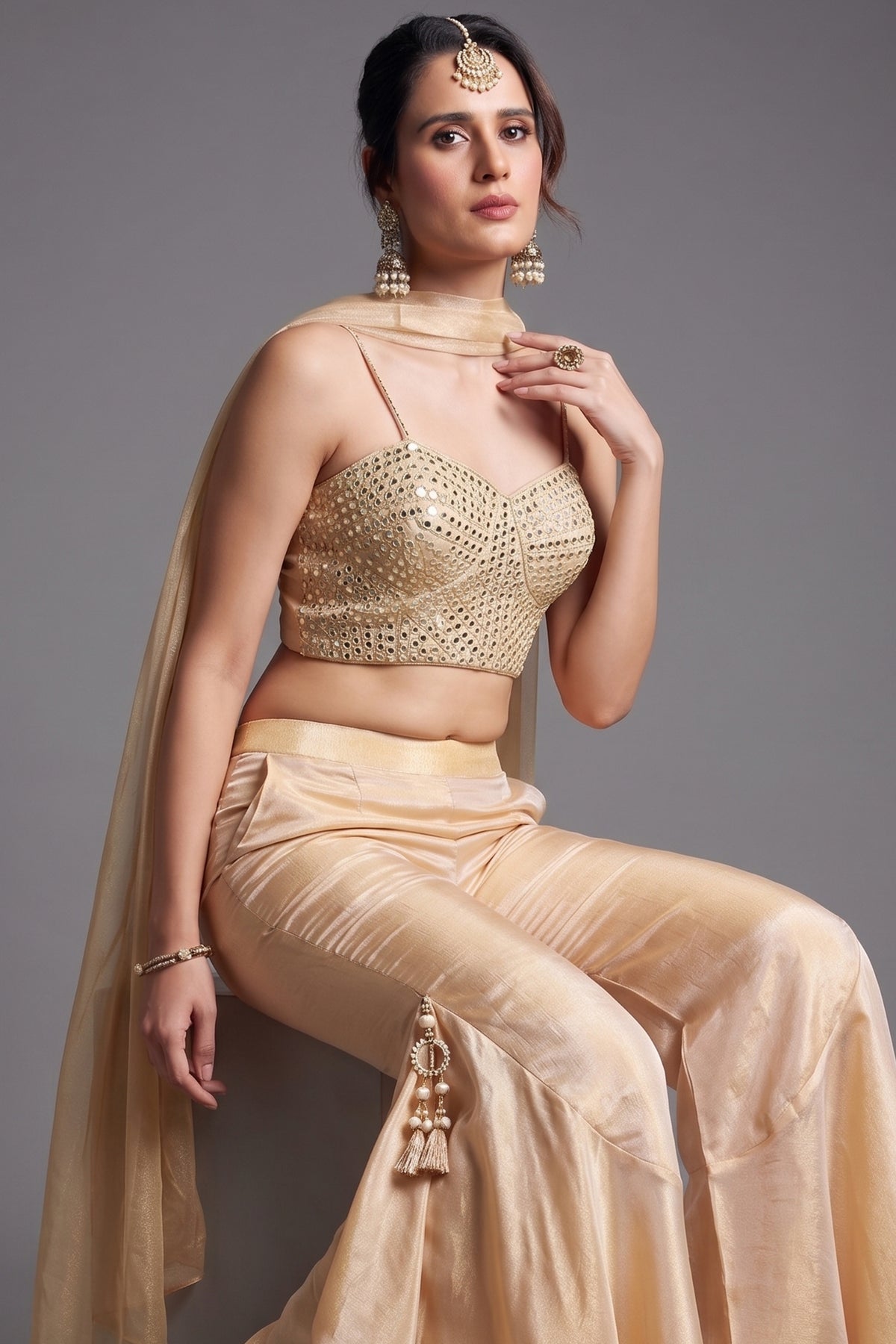 Cream Tissue Silk Mirror Embroidered Crop Top Palazzo Set