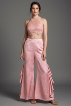 Pink Net Sequins Cutdana Worked Halter Neck Crop Top Palazzo Set