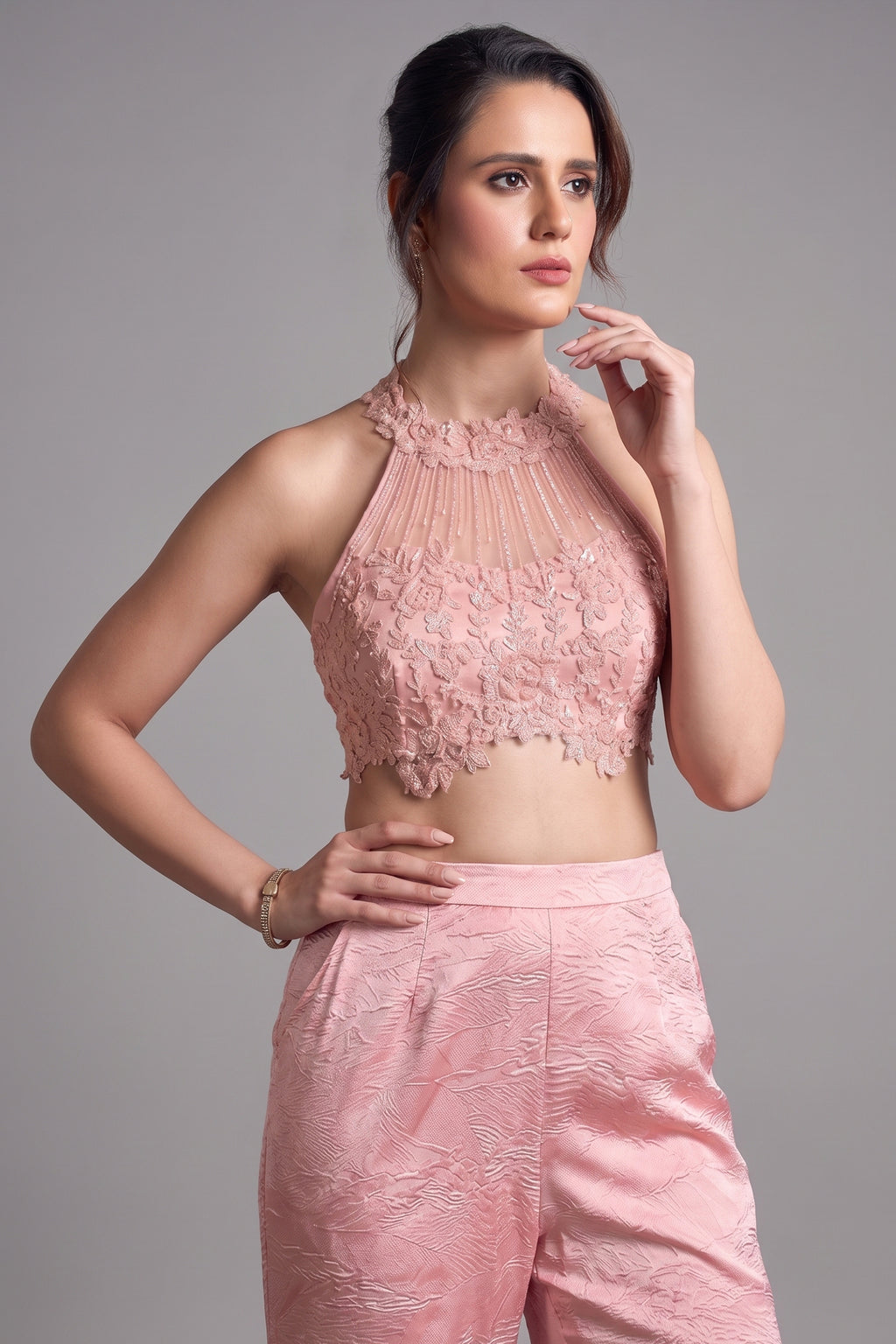 Pink Net Sequins Cutdana Worked Halter Neck Crop Top Palazzo Set