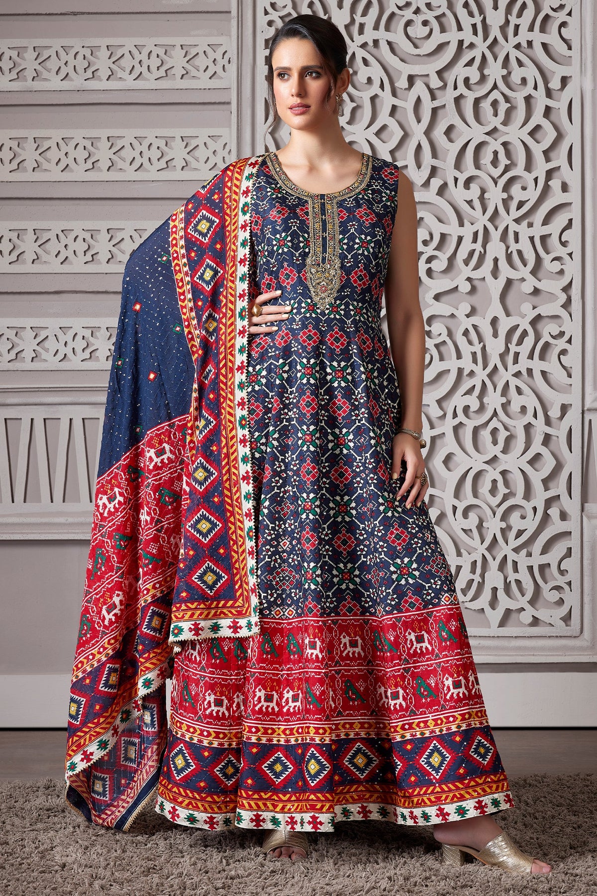 Blue Silk Patola Anarkali Suit with Sequins Work