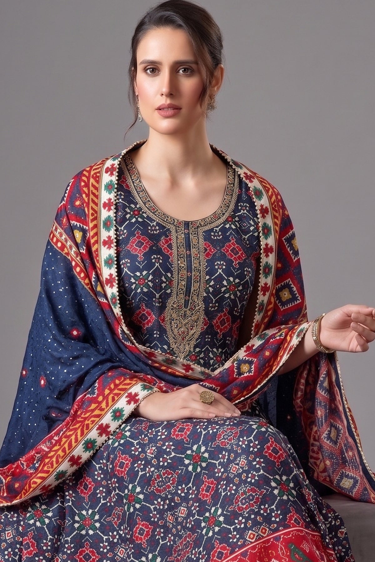 Blue Silk Patola Anarkali Suit with Sequins Work