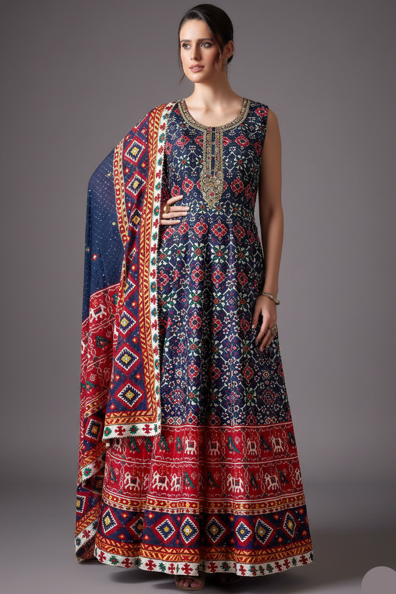 Blue Silk Patola Anarkali Suit with Sequins Work