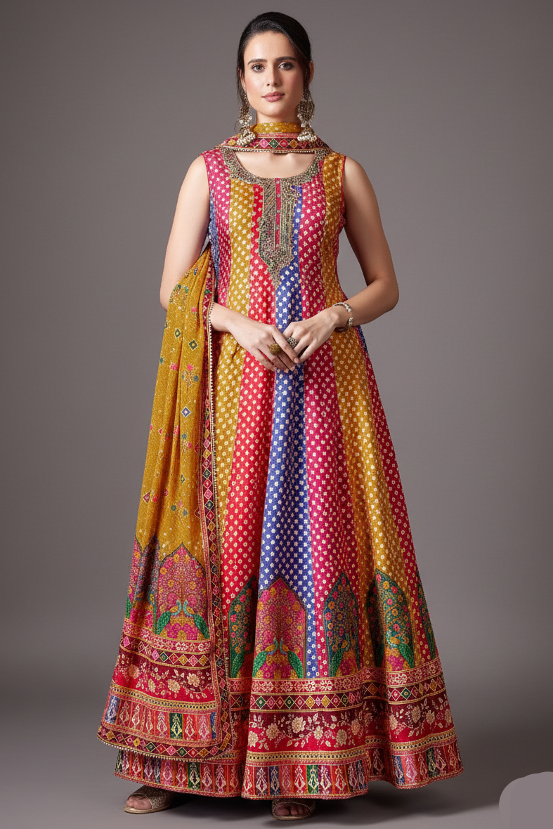 Multi Colored Silk Bandhej Printed Anrakli Suit