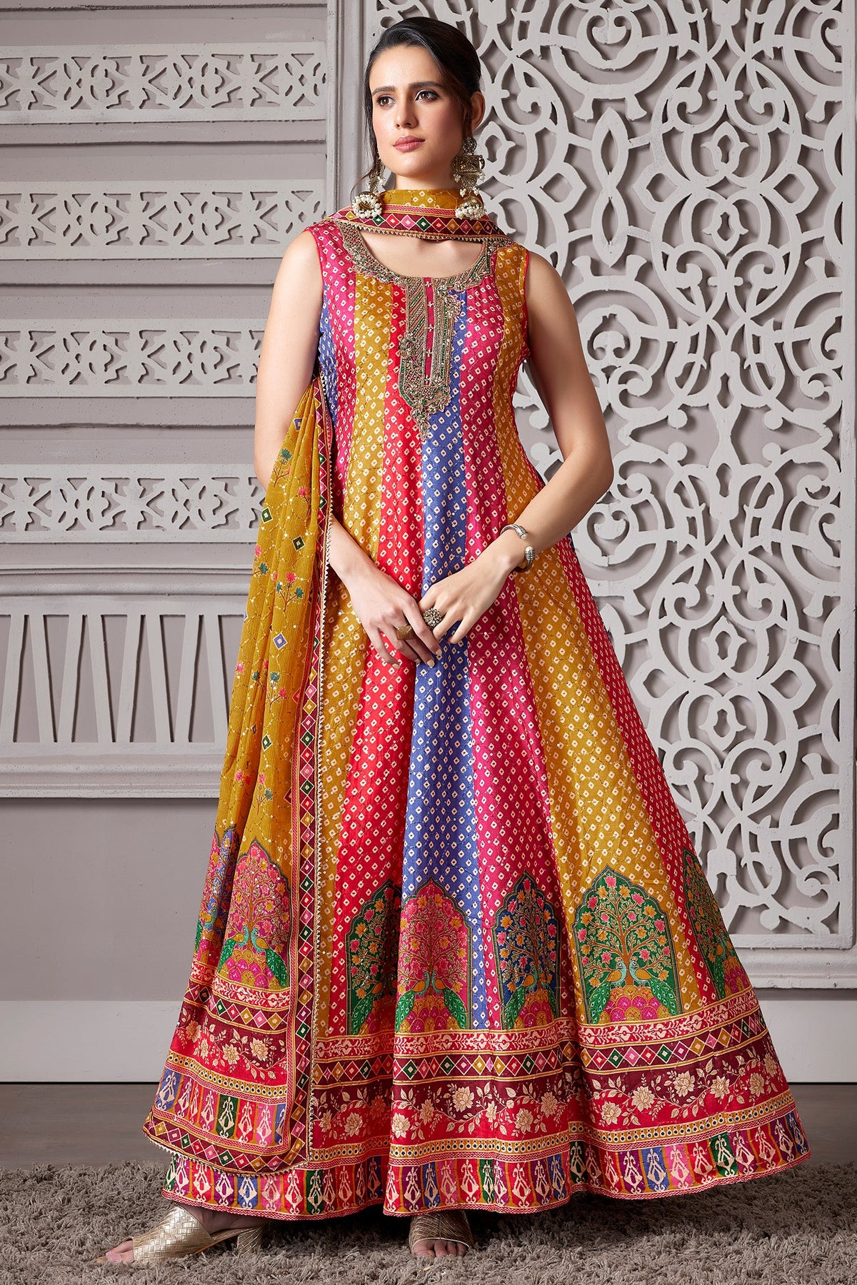 Multi Colored Silk Bandhej Printed Anrakli Suit