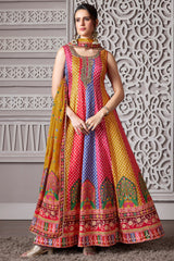 Multi Colored Silk Bandhej Printed Anrakli Suit