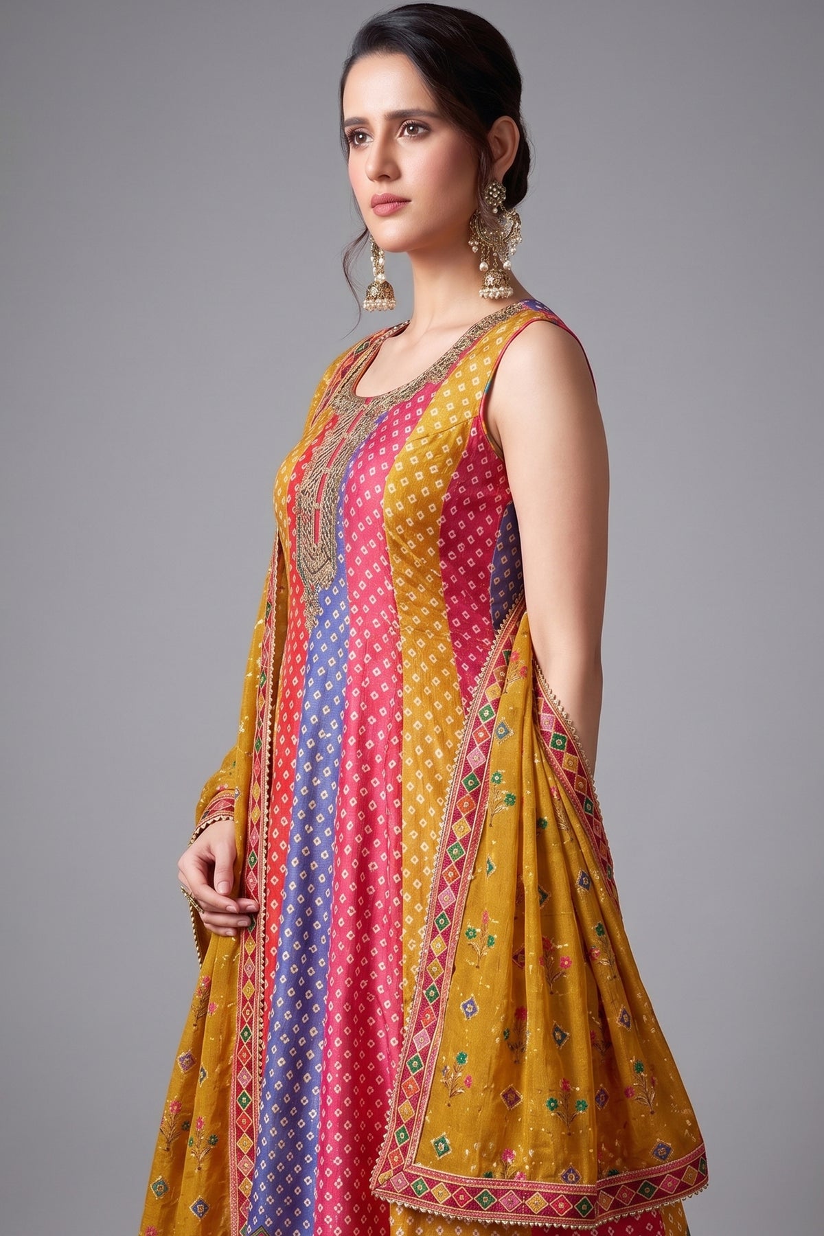 Multi Colored Silk Bandhej Printed Anrakli Suit