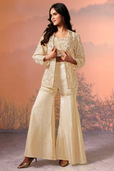 Cream Chinon Crop Top Sharara Set with Beaded Embroidered Blazer