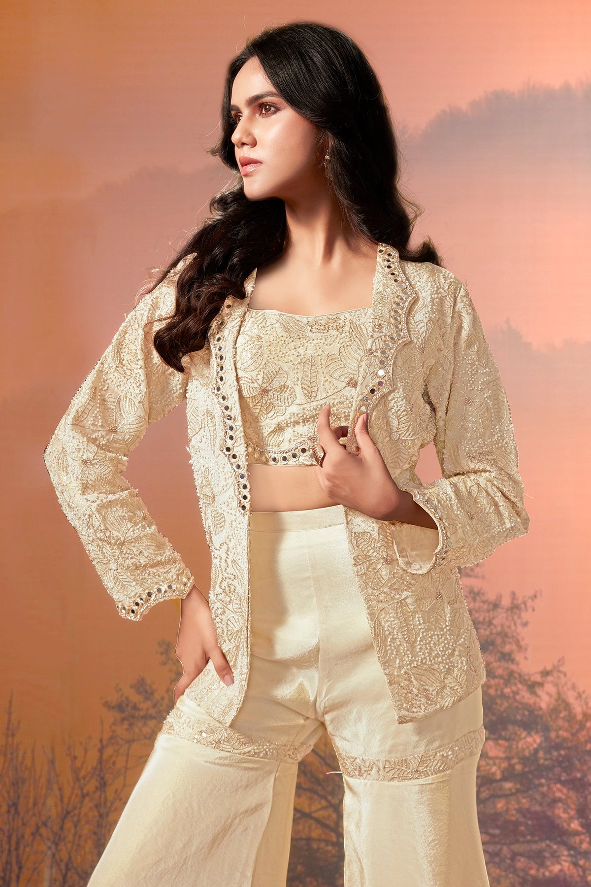Cream Chinon Crop Top Sharara Set with Beaded Embroidered Blazer