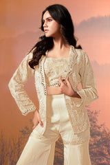 Cream Chinon Crop Top Sharara Set with Beaded Embroidered Blazer