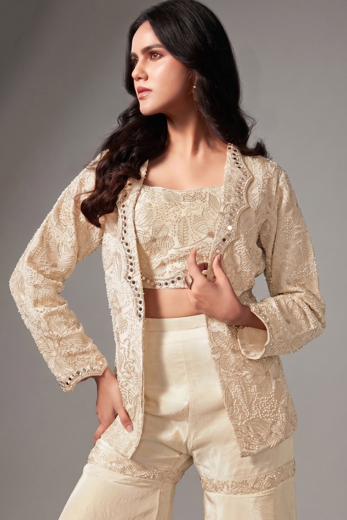Cream Chinon Crop Top Sharara Set with Beaded Embroidered Blazer