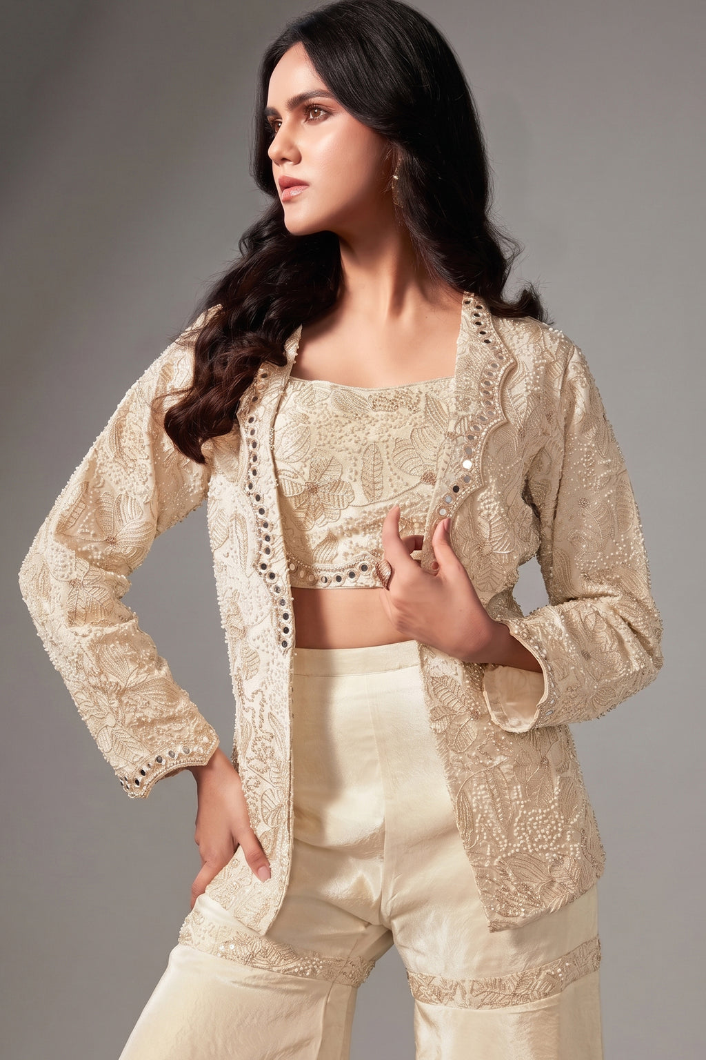Cream Chinon Crop Top Sharara Set with Beaded Embroidered Blazer