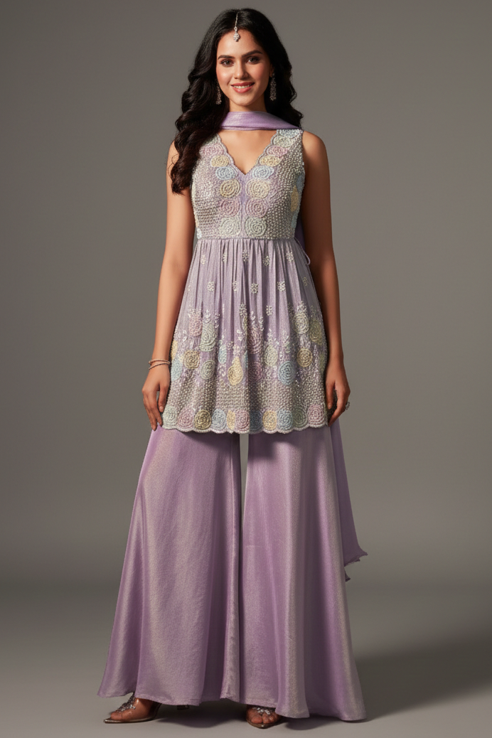 Lilac Purple Tissue Silk Sequin Cutdana Worked Palazzo Suit