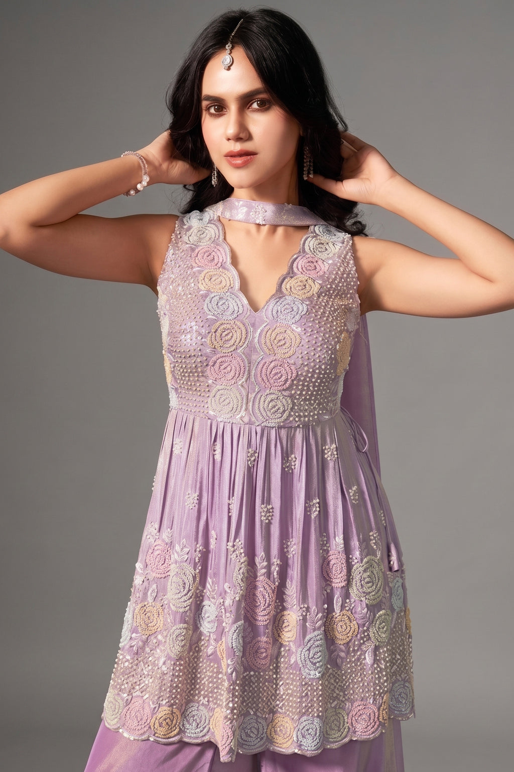 Lilac Purple Tissue Silk Sequin Cutdana Worked Palazzo Suit
