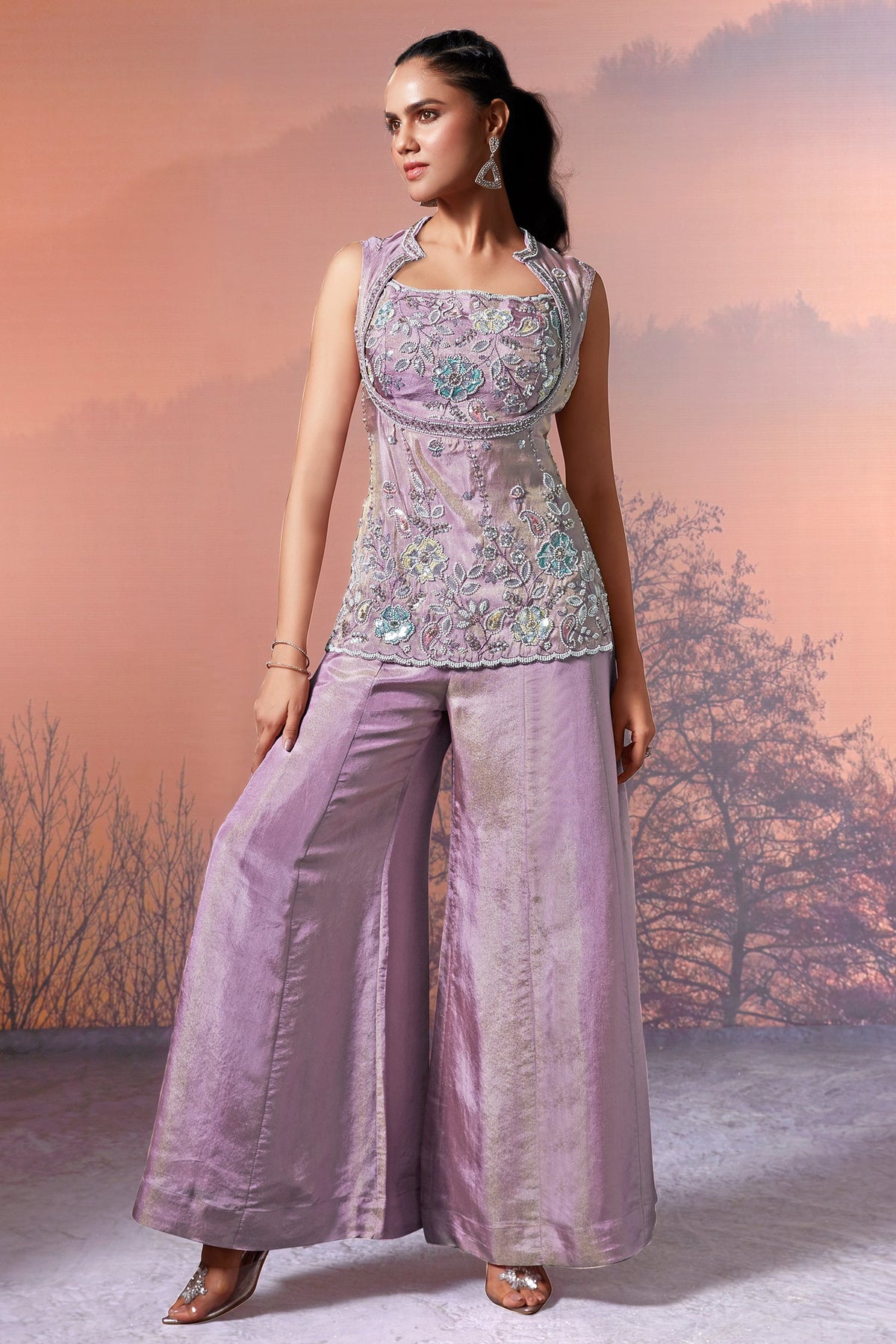Lilac Purple Tissue Silk Sequin Beaded Palazzo Set