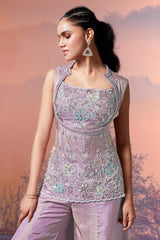Lilac Purple Tissue Silk Sequin Beaded Palazzo Set