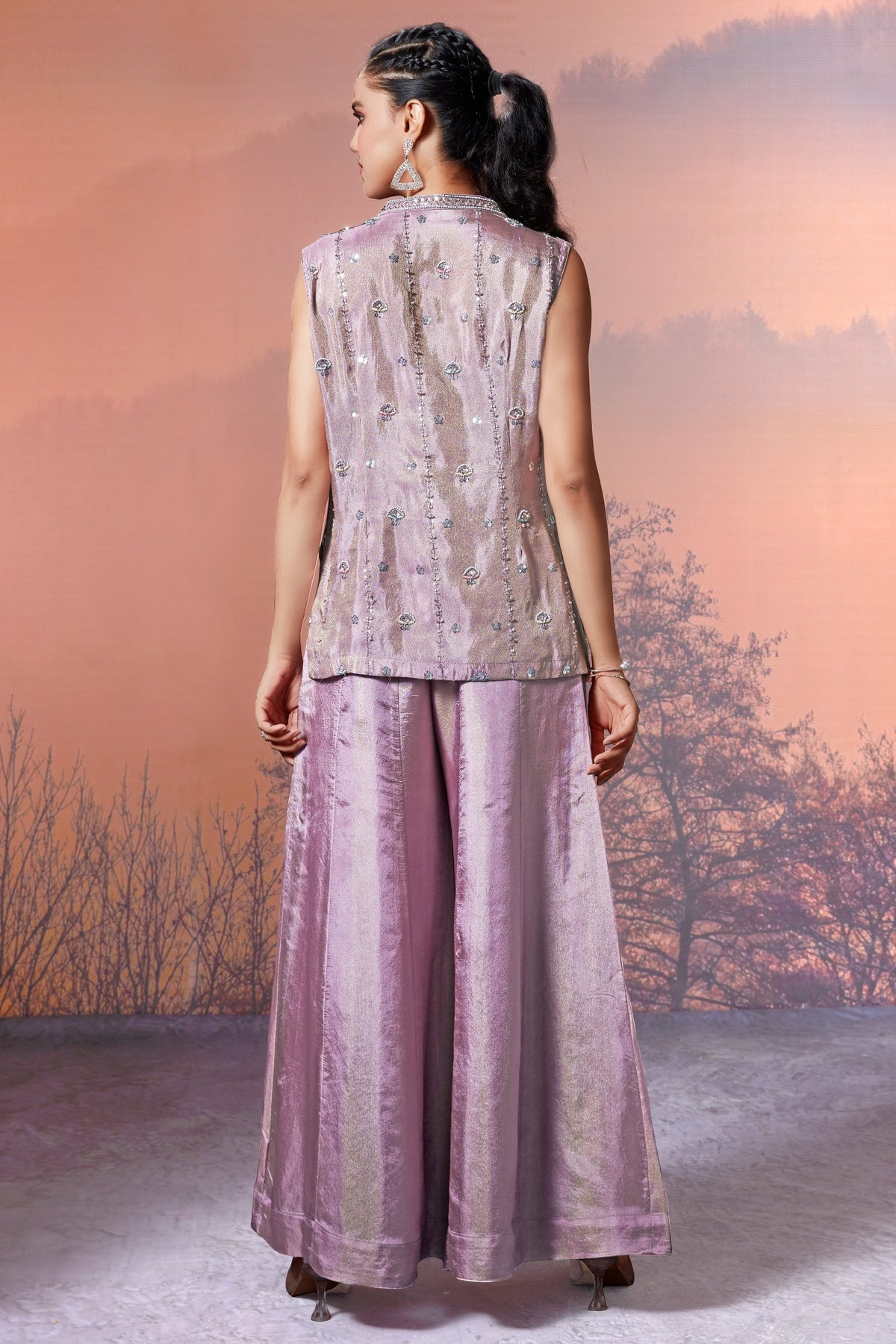Lilac Purple Tissue Silk Sequin Beaded Palazzo Set